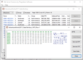 table preview and raw row bytes